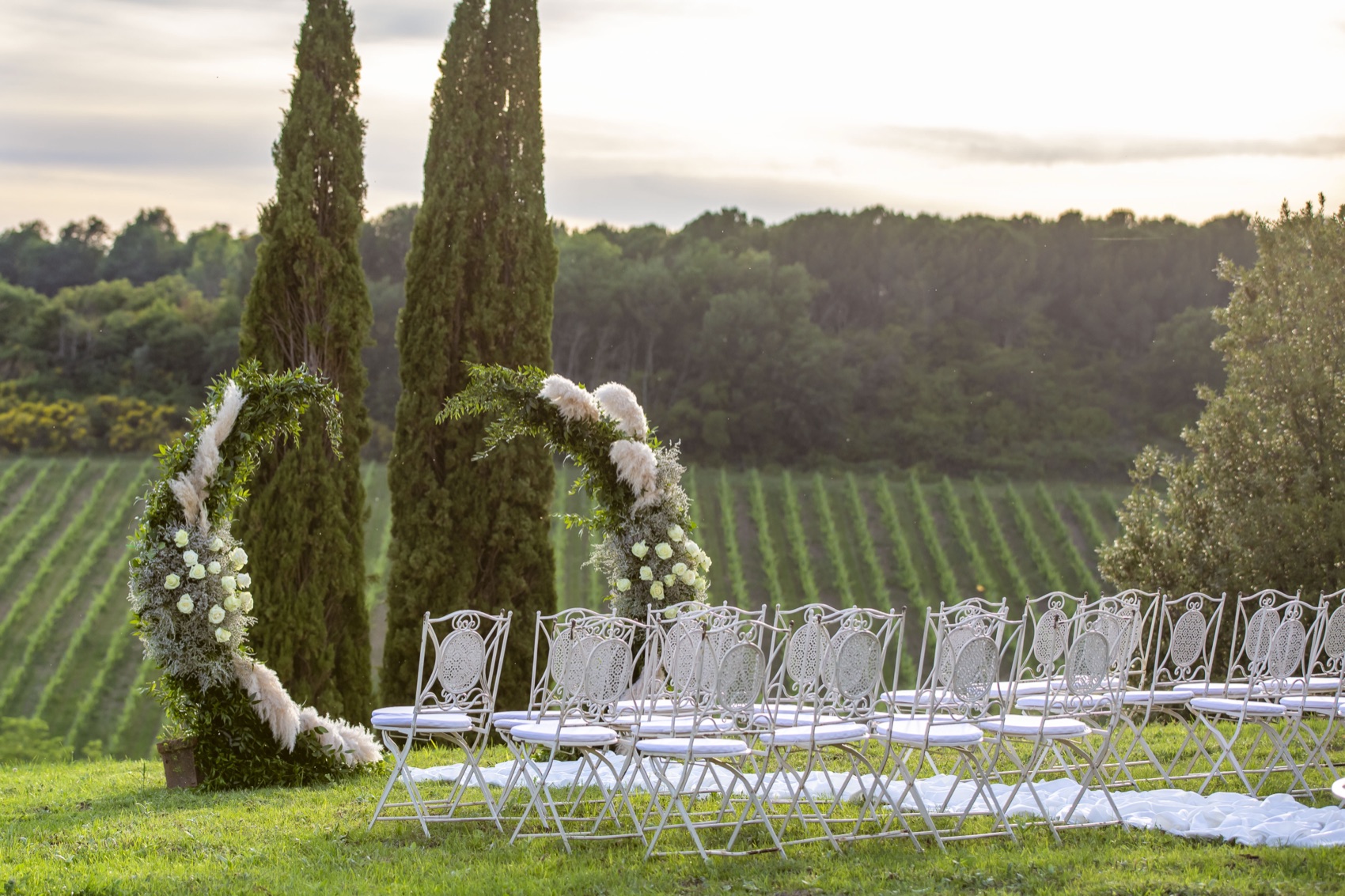 Floral arch beside cypress trees overlooking vineyard rows at golden hour