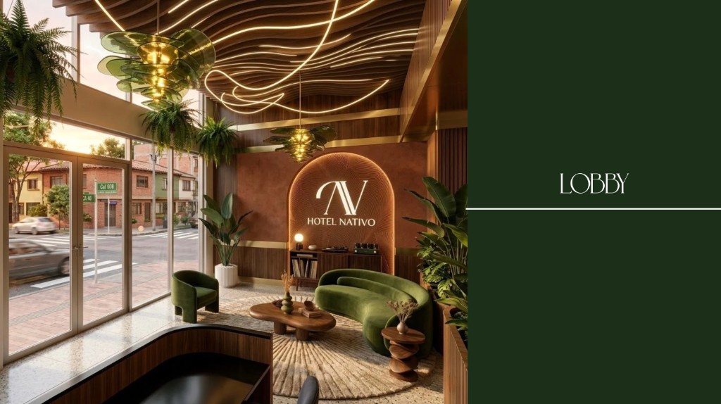 Inside the Nativo Hotel lobby in Medellín